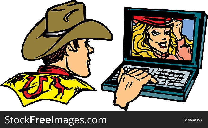 Cowboy on laptop chatting with girlfriend. Cowboy on laptop chatting with girlfriend
