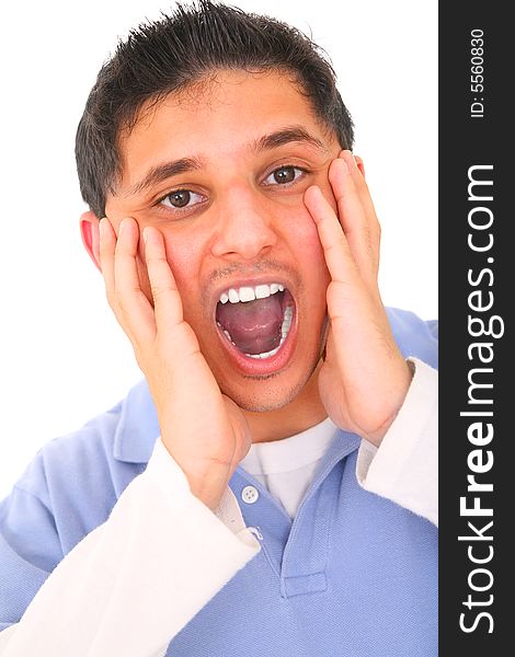 Teenager screaming while both cheeks with his hands. isolated on white background. Teenager screaming while both cheeks with his hands. isolated on white background