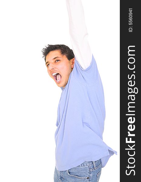 Teenager screams in excitment, stretching up one arm. isolated on white background. Teenager screams in excitment, stretching up one arm. isolated on white background