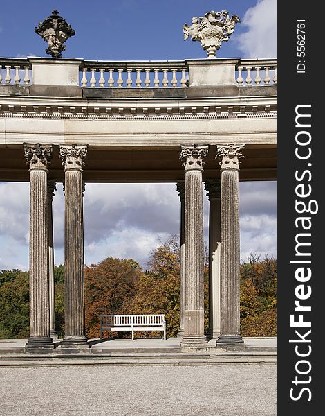 White Bench Between Columns, Trees Public Park, Autumn, Berlin Germany