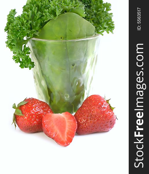 Strawberries and plants isolated on white for your design
