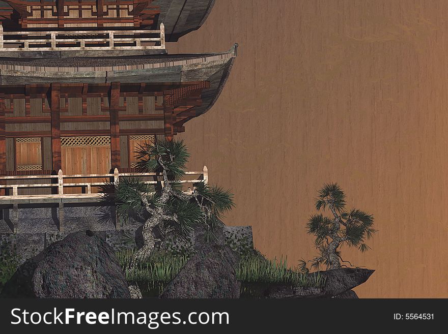 Illustration of a buddhist temple in the mountains