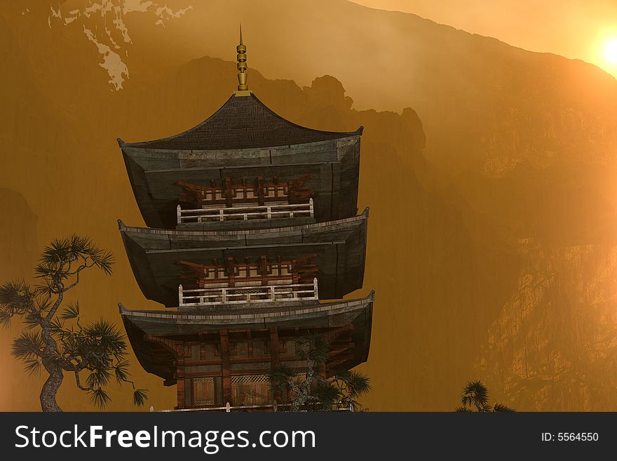 Illustration of a buddhist temple in the mountains