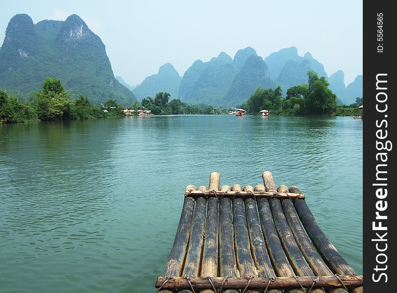 River, Mountain and Bamboo raft in Guilin city, Guangxi, China