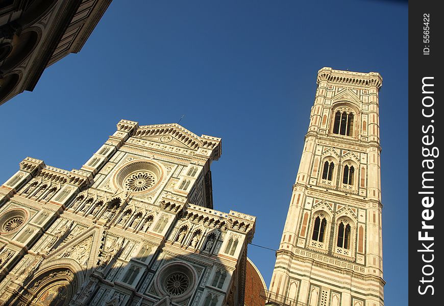A original glimpse of the Cathedral an the Giotto belltower in Florence. A original glimpse of the Cathedral an the Giotto belltower in Florence