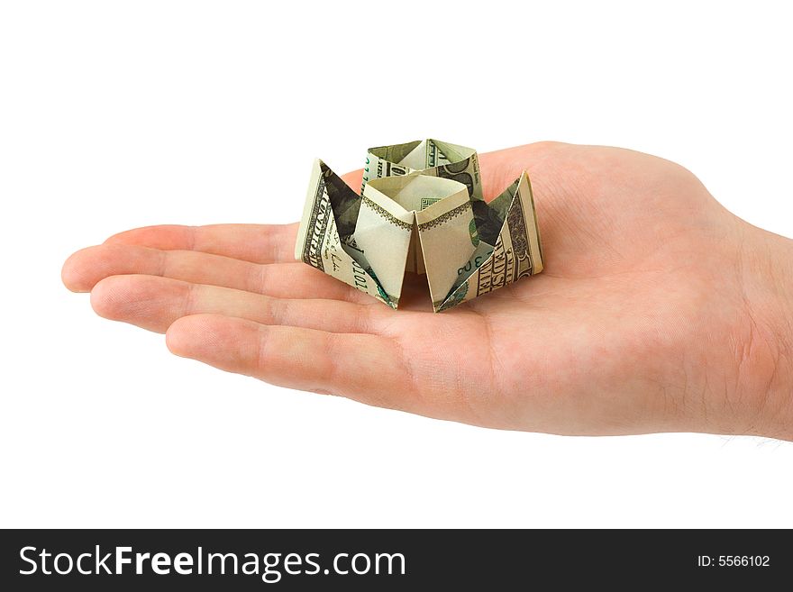 Hand and money ship isolated on white background