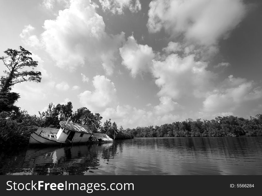 Wrecked shrimper in Peace River, FL - damaged by Hurricane Charlie