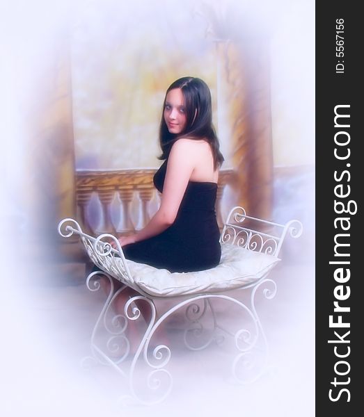 A pastel colored portrait of a teenaged girl on an iron bench.