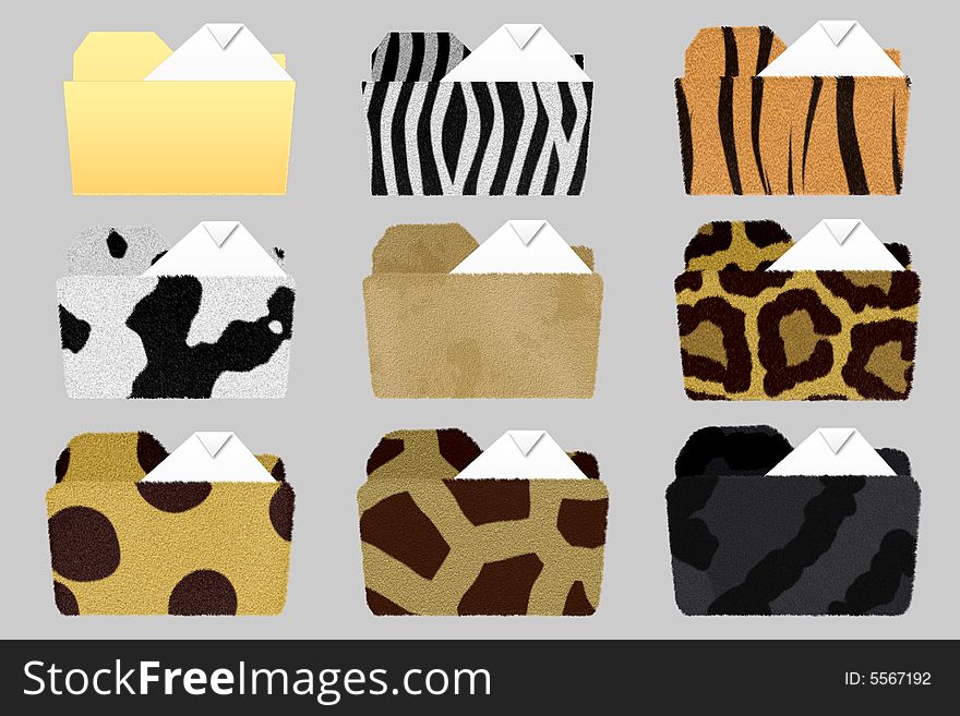 Set of 9 folder icons in windows style and animal fur textures with clipping path. Set of 9 folder icons in windows style and animal fur textures with clipping path