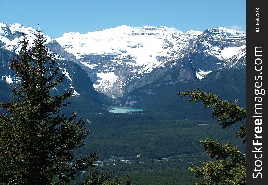 View of Lake Louise from Banff Gondola, Sulphur Mountain, The Rockies, Canada