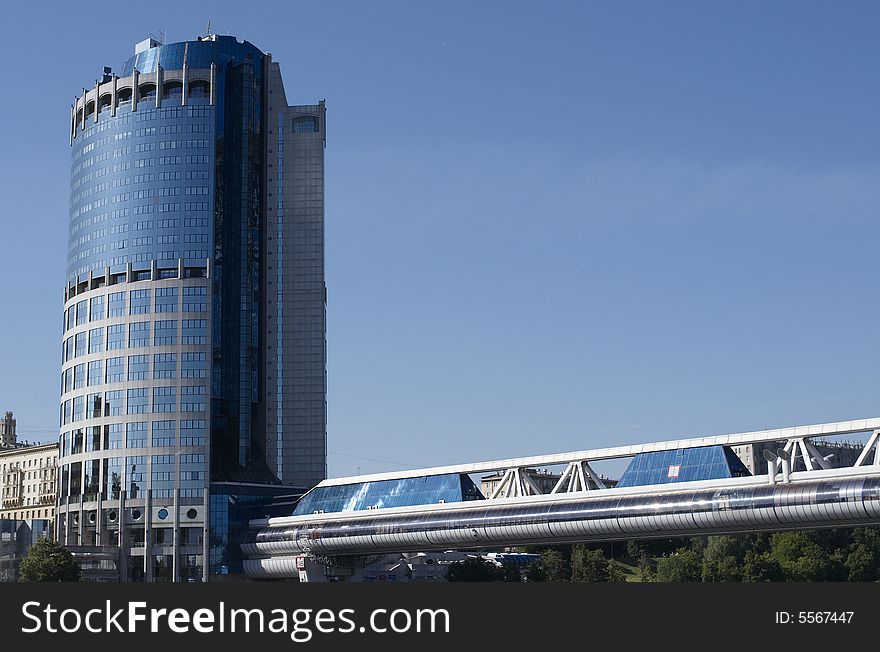 Pedestrian bridge Bagration and Tower 2000. Moscow, Russia.