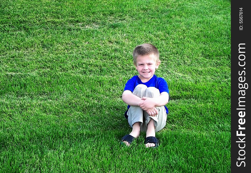 A happy boy sitting in the grass. A happy boy sitting in the grass.