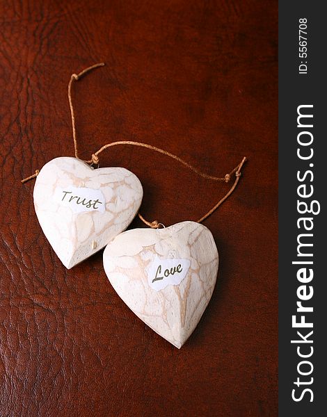 Wooden heart decorations with words of wisdom. Wooden heart decorations with words of wisdom