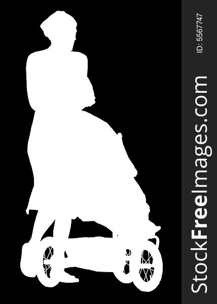 Illustration, woman's silhouette with baby coach, black and white colour. Illustration, woman's silhouette with baby coach, black and white colour