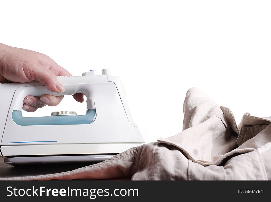 Smoothing Iron, Hand and Clothes Isolated over White