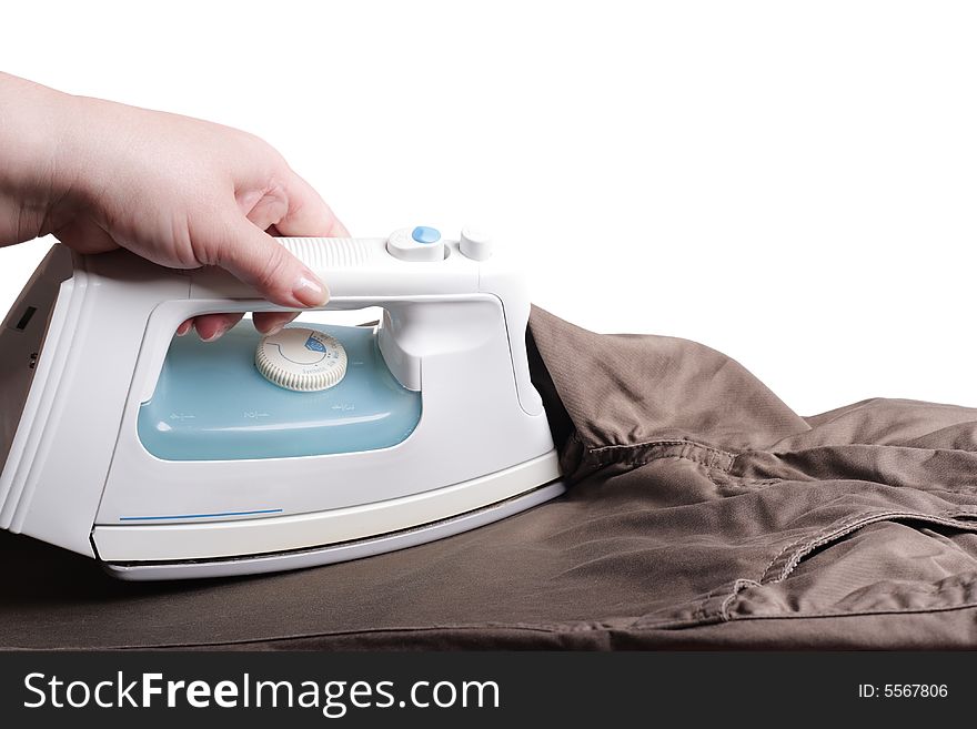 Smoothing Iron, Hand and Clothes Isolated over White