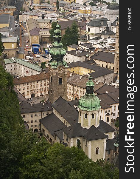 A cityscape of Salzburg, Austria. The old town is seen from the castle which overlooks the town. A cityscape of Salzburg, Austria. The old town is seen from the castle which overlooks the town