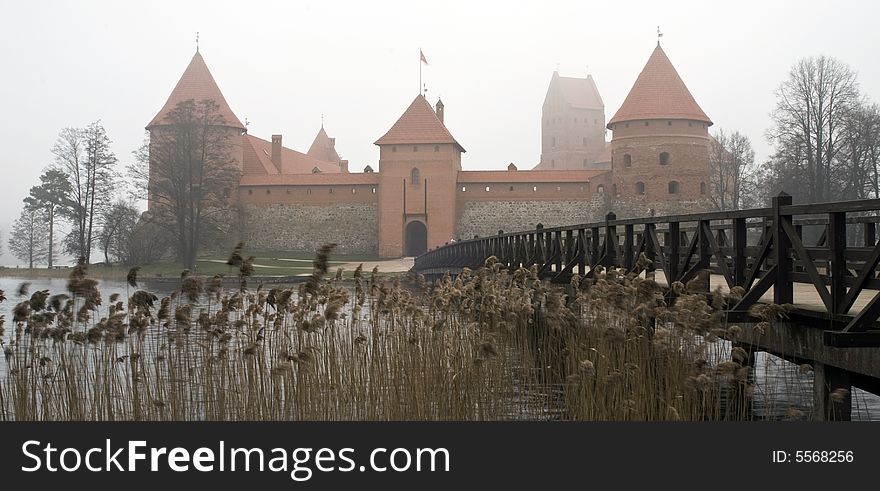Trakai castle. Morning fog. Spring