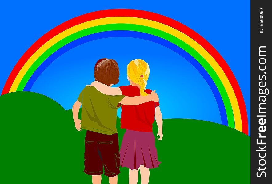 Two kids standing together underneath a rainbow. Two kids standing together underneath a rainbow.