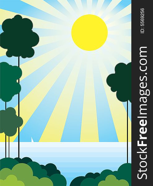 Vector illustration of a sunny seascape with high trees. Vector illustration of a sunny seascape with high trees