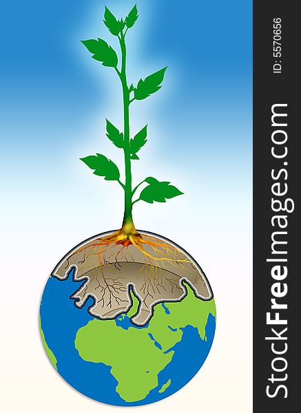 The tree displayed with roots soil is inside of earth with blue  gradient background . The tree displayed with roots soil is inside of earth with blue  gradient background