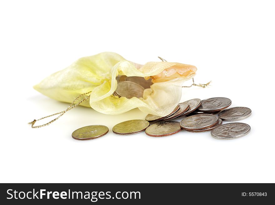 Coins in Gold Bag Isolated on White