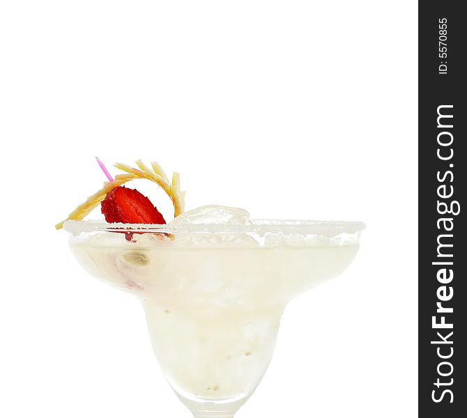 Refreshment Acoholic Drink made of Tequila, Lemon Juice, and Liqueur. Served with salt on the glass rim. Lemon and Strawberry Garnish. Isolated on White Background. Refreshment Acoholic Drink made of Tequila, Lemon Juice, and Liqueur. Served with salt on the glass rim. Lemon and Strawberry Garnish. Isolated on White Background.