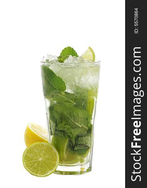 Refreshment Acoholic Drink made of White Rum, Sugar, Lime, Carbonated Water and Mint. Lime and Lemon Garnish. Isolated on White Background. Refreshment Acoholic Drink made of White Rum, Sugar, Lime, Carbonated Water and Mint. Lime and Lemon Garnish. Isolated on White Background.