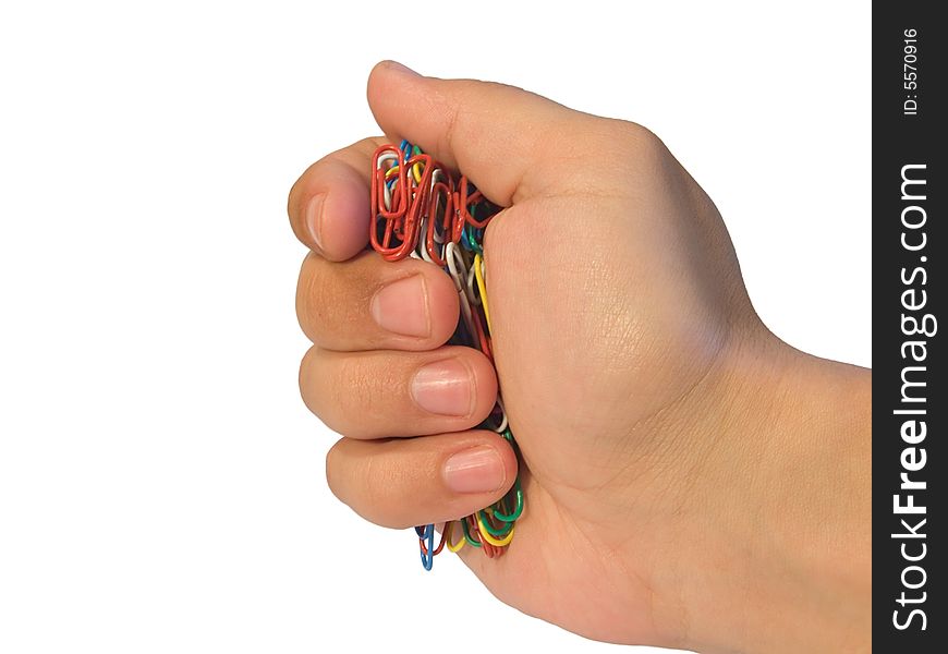 Paper clip in hand isolated on white background