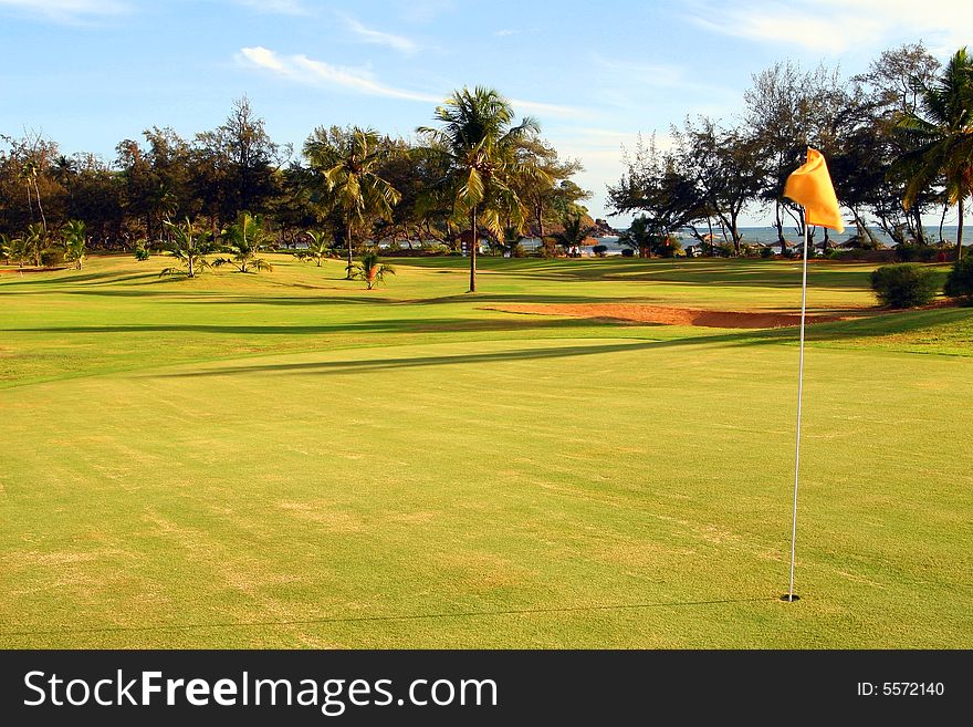 Shot of a beautiful green on a tropical golf course surrounded with palm trees. Shot of a beautiful green on a tropical golf course surrounded with palm trees.