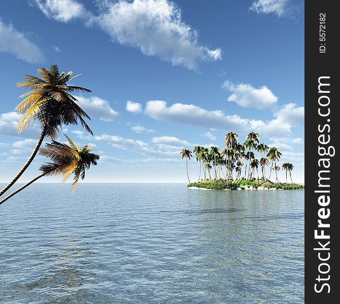 Coconut palm trees on a small island - digital artwork. Coconut palm trees on a small island - digital artwork