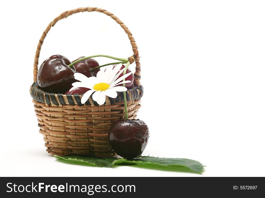 Cherry in a basket isolated on white with whith flower.