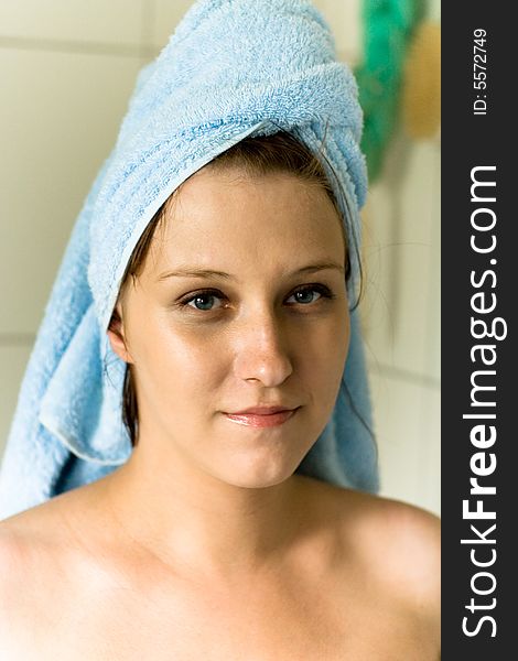 Woman with towel on head. Woman with towel on head