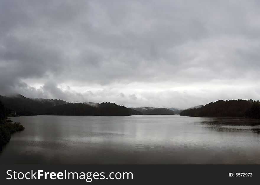 Lake scene during cloudy evening