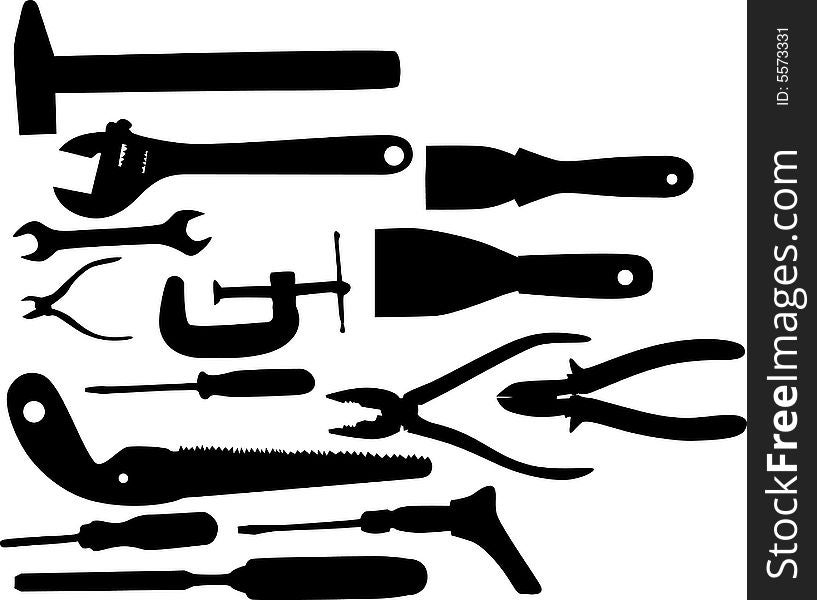 Illustration with different tools silhouettes isolated on white background