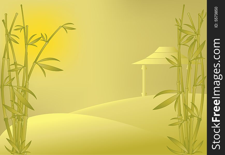 Vector eastern landscape with bamboo, house and sunrise. Meshes used for background only.