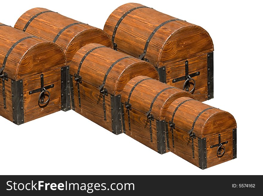 Old brown wooden chests isolated on white background