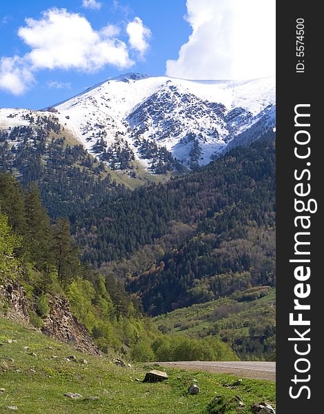 Caucasus: magnificent mountain panorama with blue sky