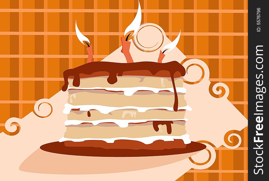 Illustration of a delicious birthday cake on a table cloth ready to be eaten. Illustration of a delicious birthday cake on a table cloth ready to be eaten