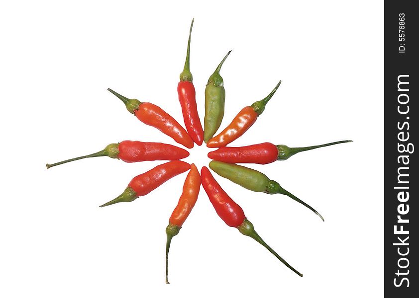 Red,green, orange, hot peppers forming a circle, isolated over-white. Red,green, orange, hot peppers forming a circle, isolated over-white