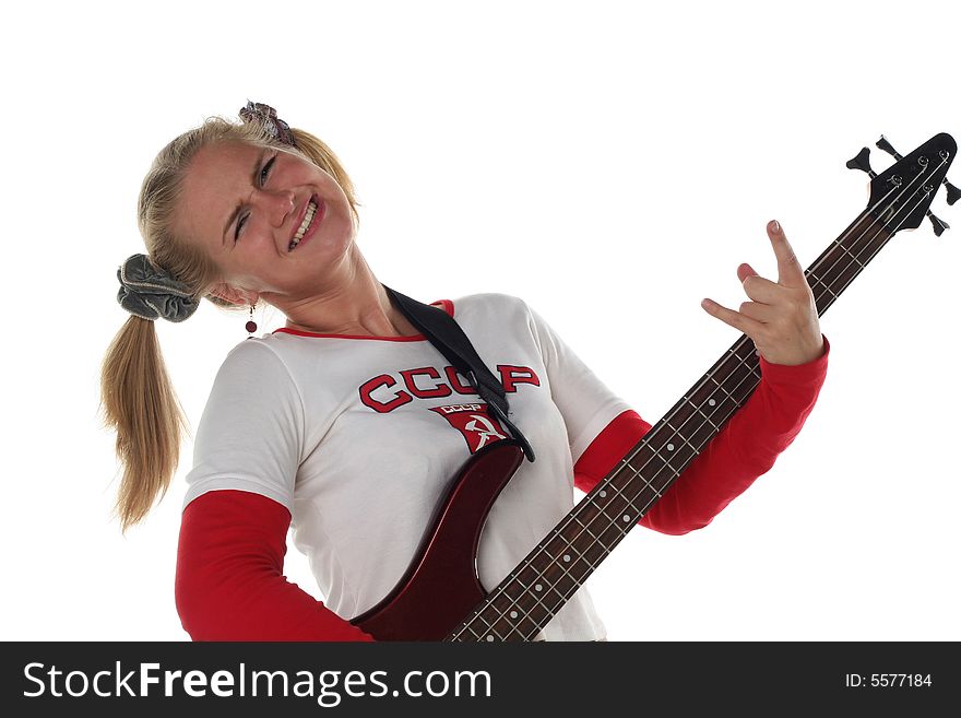 Girl with guitar isolated on white background