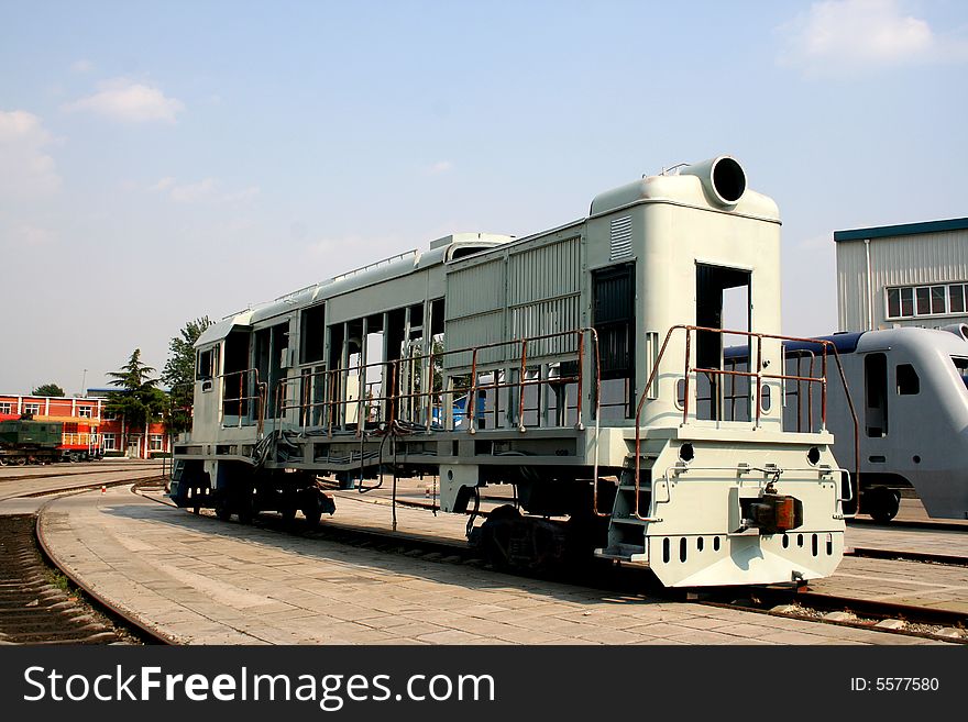 A shell of an unfinished electonic train. A shell of an unfinished electonic train