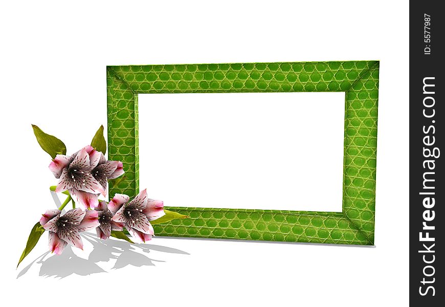 Photo frame in leather green snake, a lily flower on a white background. Photo frame in leather green snake, a lily flower on a white background.