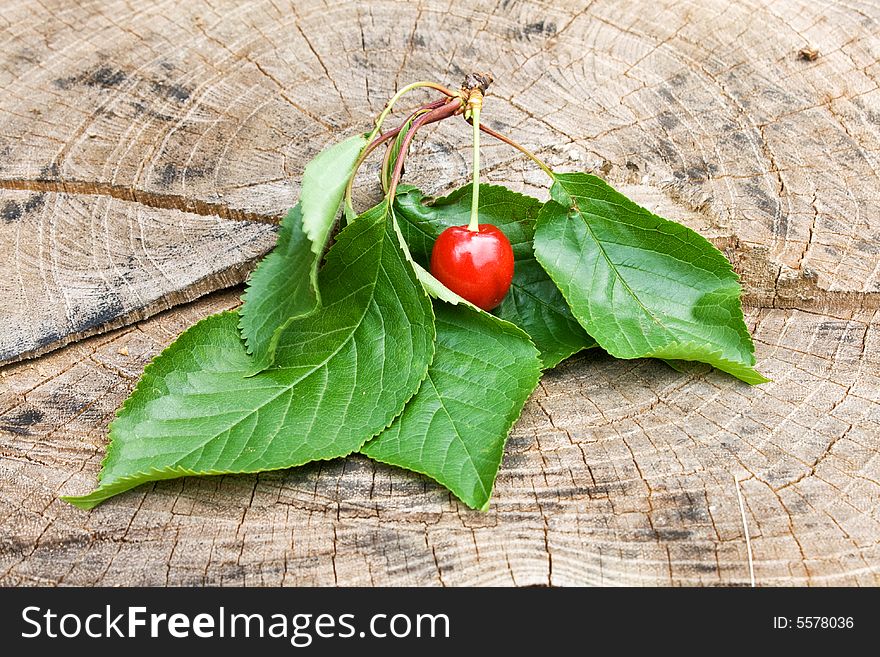 Cherry with leafs on wood