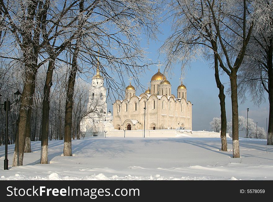 Russian christian cathedral in frost winter day. Russian christian cathedral in frost winter day