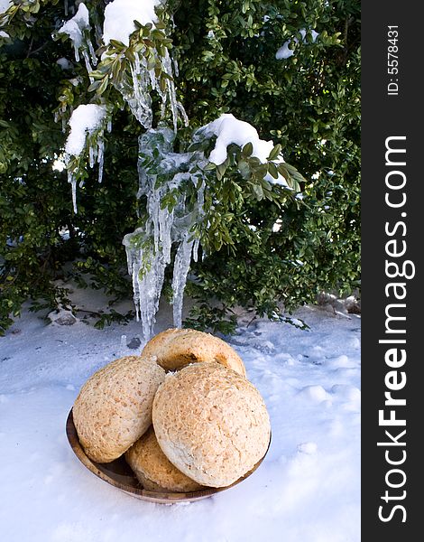 Bread on snow with frozen ice. Bread on snow with frozen ice