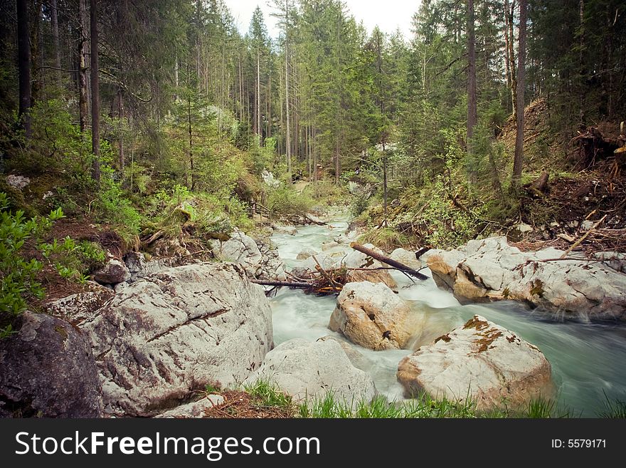 Taken in the magic forest (Zauberwald) near Koenigssee, Bavaria, Germany. Very nice view alone the river though the forest.