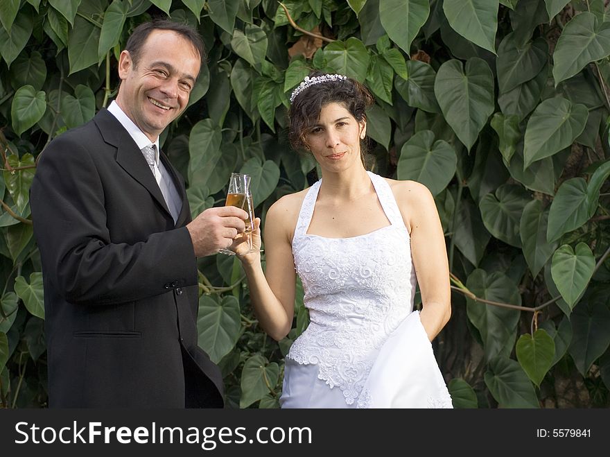 A newly married couple, toast while smiling for the camera. - horizontally framed. A newly married couple, toast while smiling for the camera. - horizontally framed
