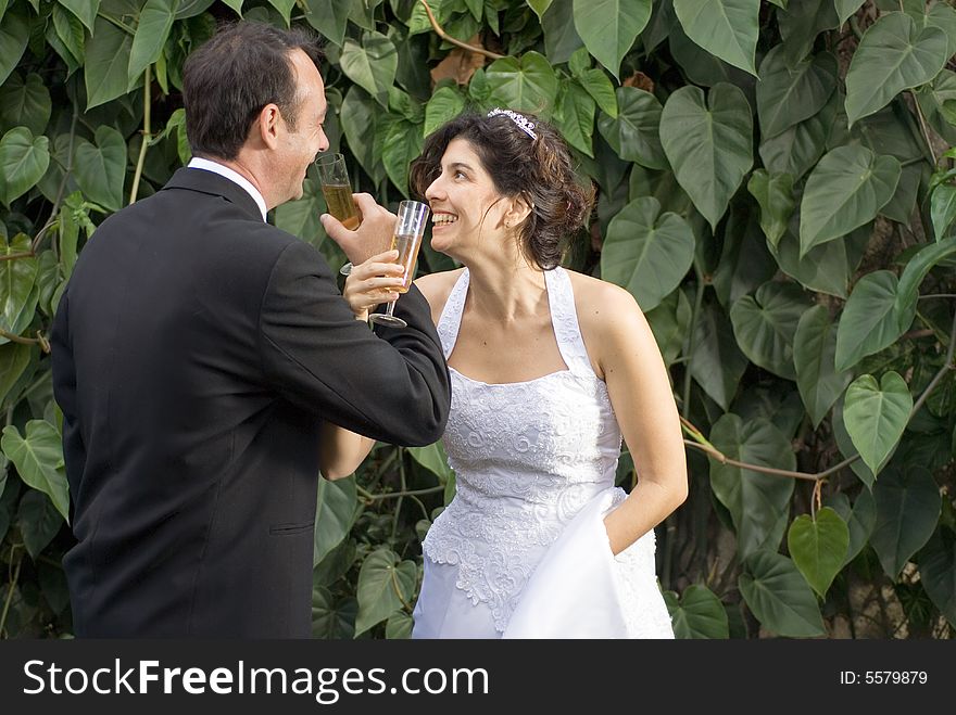 Newly weds drink, while crossing arms, still in their wedding clothes. - horizontally framed. Newly weds drink, while crossing arms, still in their wedding clothes. - horizontally framed