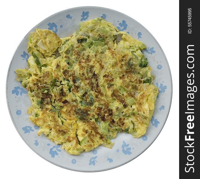 Scrambled eggs with chopped green onion isolate on white